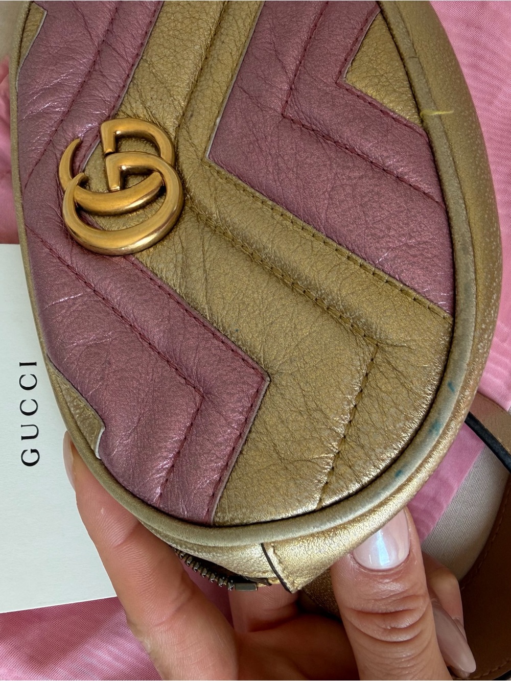 Gucci Gold and Pink Chevron Quilted Belt Bag - Picture 3 of 4